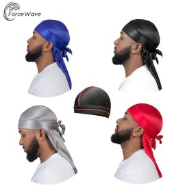 4PCS Silky Durags for Men Women 360 Waves with 1 Wave Cap, Silky Satin Durag Extra Long Tails