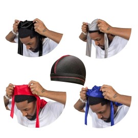 4PCS Silky Durags for Men Women 360 Waves with 1 Wave Cap, Silky Satin Durag Extra Long Tails