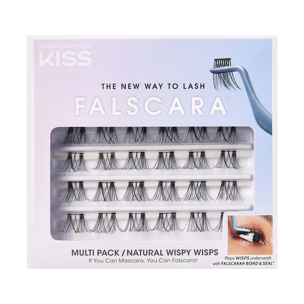 KISS Falscara Multipack False Eyelashes, Lash Clusters, \'Natural Wispy Wisps\', 10mm-12mm-14mm, Includes 24 Assorted Lengths Wisps, Contact Lens Friendly, Easy to Apply, Reusable Strip Lashes