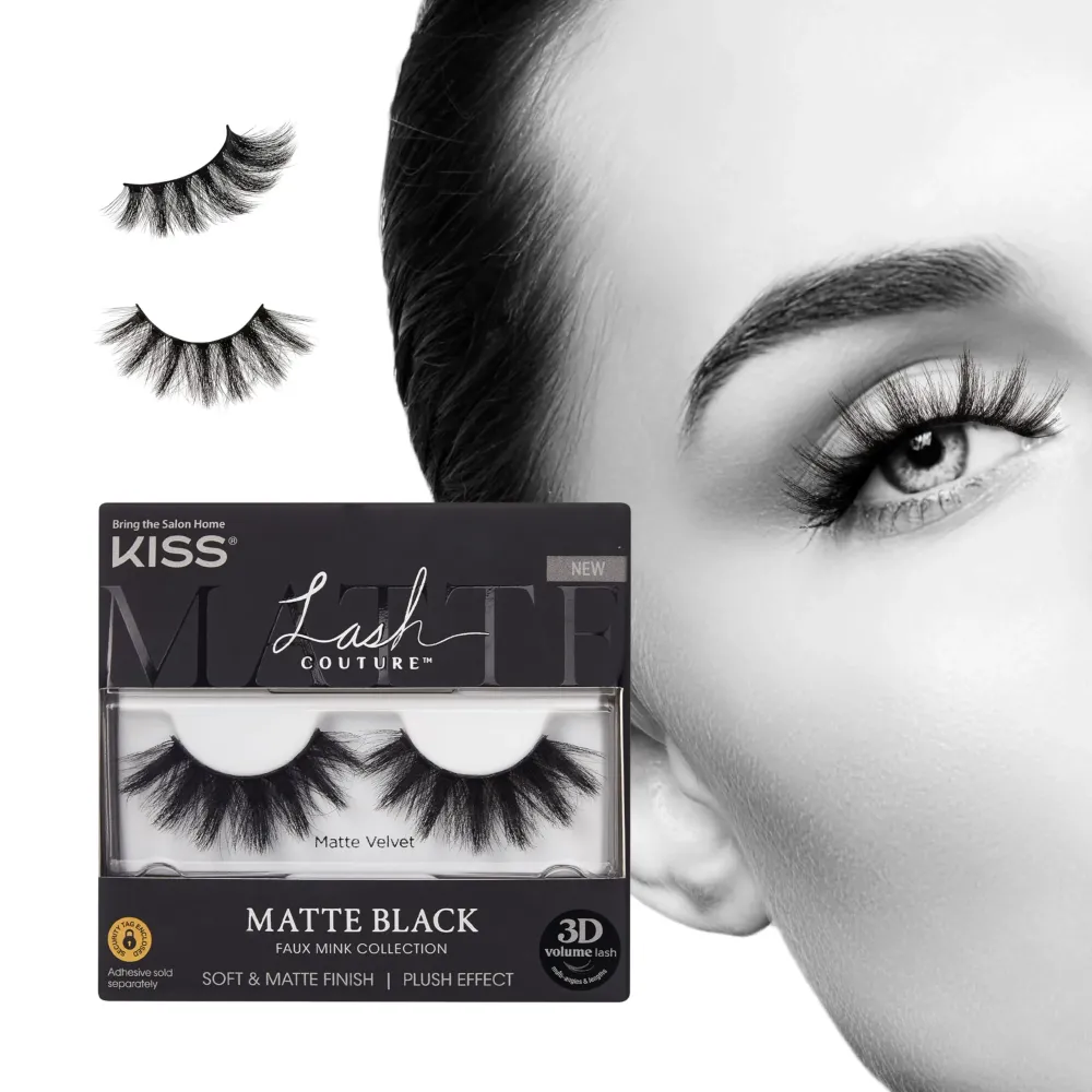 KISS Lash Couture False Eyelashes, Matte Black Faux Mink Collection, 3D Volume Lash, Soft & Matte Finish, Style \'Matte Velvet\', 1 Pair Fake Eyelashes KISS Lash Couture False Eyelashes, Matte Black Faux Mink Collection, 3D Volume Lash, Soft & Matte Finish, Style \'Matte Velvet\', 1 Pair Fake Eyelashes