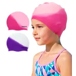 Vorshape Swim Cap Kids (2 Pack), Durable Waterproof Swimming Cap for Girls Boys Teens Toddler Aged 3-8, Comfortable Fit Kids Swim Cap for Long Hair, Silicone Swim Caps for Kids, Bright Purple & Pink