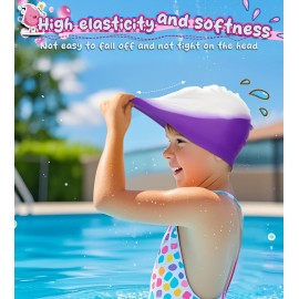 Vorshape Swim Cap Kids (2 Pack), Durable Waterproof Swimming Cap for Girls Boys Teens Toddler Aged 3-8, Comfortable Fit Kids Swim Cap for Long Hair, Silicone Swim Caps for Kids, Bright Purple & Pink