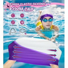 Vorshape Swim Cap Kids (2 Pack), Durable Waterproof Swimming Cap for Girls Boys Teens Toddler Aged 3-8, Comfortable Fit Kids Swim Cap for Long Hair, Silicone Swim Caps for Kids, Bright Purple & Pink