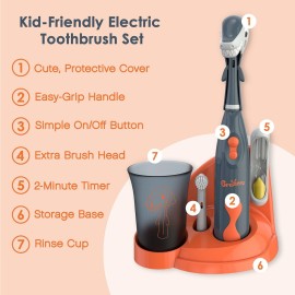 Brusheez Kids Electric Toothbrush Set - Safe & Effective for Ages 3+ - Parent Tested & Approved with Gentle Bristles, 2 Brush Heads, Rinse Cup, 2-Minute Timer, & Storage Base (Shadow The Shark)