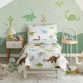 4 Pieces Toddler Bedding Set Dinosaur White with C..