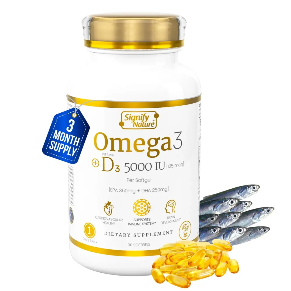 SIGNIFY NATURE Omega 3 Fish Oil Supplement with Vitamin D3 5000 IU - 1000mg Triglyceride Capsules for Brain Health - Omega3 EPA DHA + VIT D 3-90CT SIGNIFY NATURE Omega 3 Fish Oil Supplement with Vitamin D3 5000 IU - 1000mg Triglyceride Capsules for Brain Health - Omega3 EPA DHA + VIT D 3-90CT