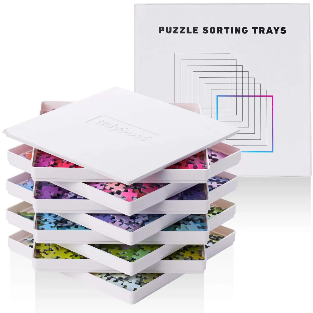 Tidyboss 8 Puzzle Sorting Trays with Lid 10 x 10 - Portable Jigsaw Puzzle Accessories White Background Makes Pieces Stand Out Sort Patterns, Shapes and Colors | for Puzzles Up to 1500-2000 Pieces