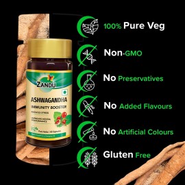 Zandu Ashwagandha Capsules (120 veg caps), Formulated with Pure Extracts of Ashwagandha, Immunity Booster, For Natural Body Strength, Stress Buster (Pack of 60 x 2) Zandu Ashwagandha Capsules (120 veg caps), Formulated with Pure Extracts of Ashwagandha, Immunity Booster, For Natural Body Strength, Stress Buster (Pack of 60 x 2)