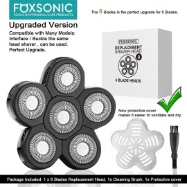 FOXSONIC Universal 6 Blade Replacement Heads for Mainstream Shaver Brands, Bald Shaver Replacement Heads with Blade Cover (Black) FOXSONIC Universal 6 Blade Replacement Heads for Mainstream Shaver Brands, Bald Shaver Replacement Heads with Blade Cover (Black)