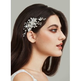 SWEETV Silver Bridal Hair Comb for Wedding Hair Accessories, Handmade with Crystals, Pearls, and Leaves, 4.72 x 2.75 inches, for Brides, Women