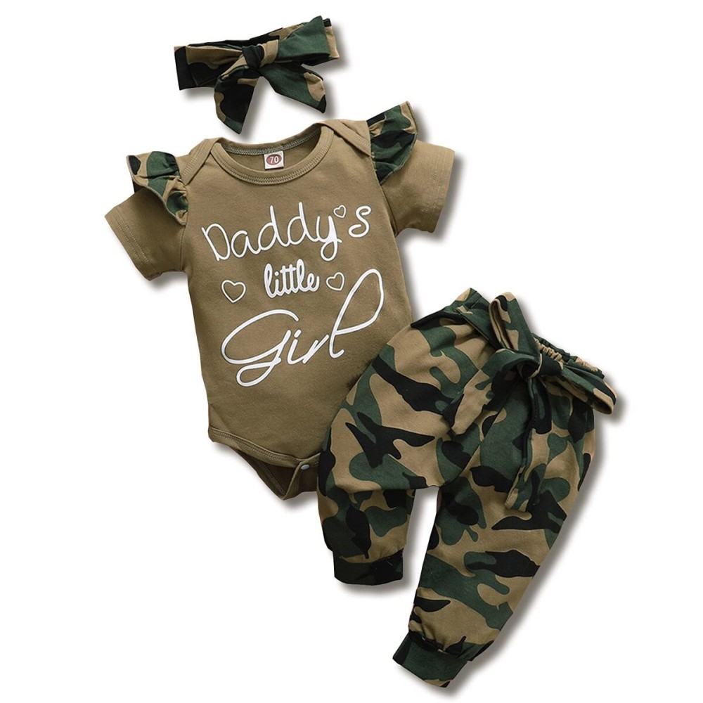 AMAWMW Baby Girl Clothes Set Daddys Little Girl Ruffle Romper Top Camouflage Pants Newborn Baby Girl Outfit 3-6 Months