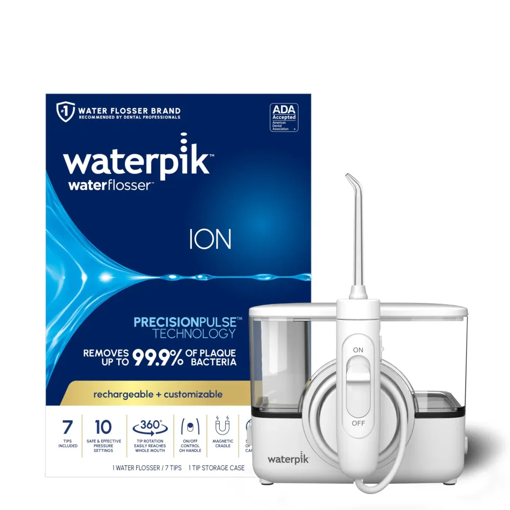 Waterpik ION Professional Water Flosser, Rechargeable and Portable for Teeth, Gums, Braces, 10 Settings, 7 Flossing Tips For Multiple Users And Needs, ADA Accepted, WF-12 White, Packaging May Vary Waterpik ION Professional Water Flosser, Rechargeable and Portable for Teeth, Gums, Braces, 10 Settings, 7 Flossing Tips For Multiple Users And Needs, ADA Accepted, WF-12 White, Packaging May Vary