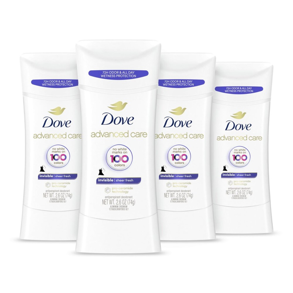 Dove Advanced Care Antiperspirant Deodorant Stick Sheer Fresh 4 Count Anti-stain antiperspirant deodorant for soft underarms 72-hour underarm odor protection and all-day sweat control 2.6 oz