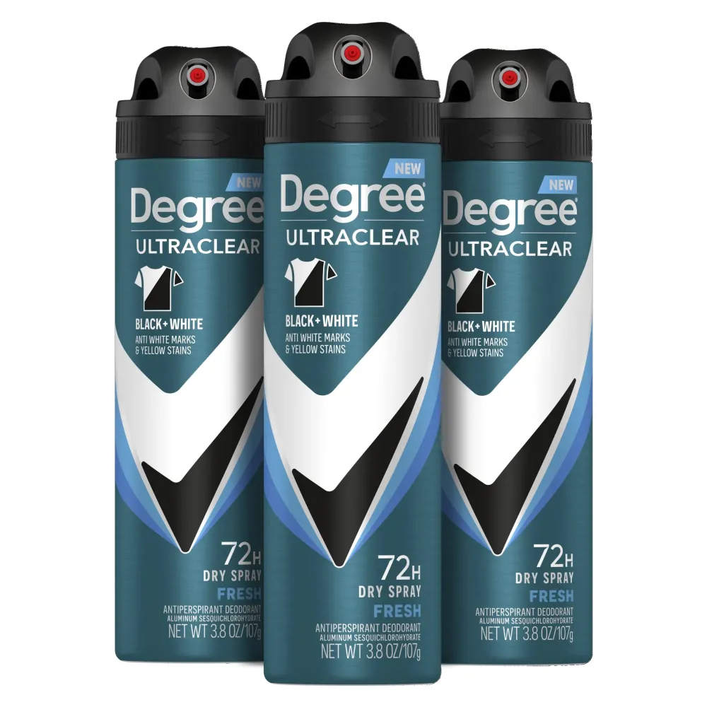 Degree Men Antiperspirant Spray Black + White 3 Count Protects from Deodorant Stains Instantly Dry Spray Deodorant 3.8 oz Degree Men Antiperspirant Spray Black + White 3 Count Protects from Deodorant Stains Instantly Dry Spray Deodorant 3.8 oz