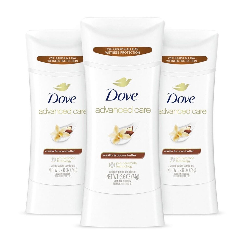 Dove Advanced Care Antiperspirant Deodorant Stick Vanilla & Cocoa Butter 3 Count Antiperspirant deodorant with Pro-Ceramide Technology 72-hour odor control and all-day sweat protection 2.6 oz Dove Advanced Care Antiperspirant Deodorant Stick Vanilla & Cocoa Butter 3 Count Antiperspirant deodorant with Pro-Ceramide Technology 72-hour odor control and all-day sweat protection 2.6 oz