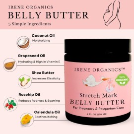 Organic Belly Butter for Pregnancy Stretch Mark Prevention and Treatment by Irene Organics - Award Winning Anti Stretch Mark Tummy Balm For Pregnancy and Postpartum 4oz - Hydrating Bump Cream Organic Belly Butter for Pregnancy Stretch Mark Prevention and Treatment by Irene Organics - Award Winning Anti Stretch Mark Tummy Balm For Pregnancy and Postpartum 4oz - Hydrating Bump Cream