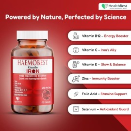 Haemobest Gentle Iron Power Capsules with Vitamin C - 60 Count - Boost Haemoglobin, Gentle on Stomachs - Non-Constipating Formula - Enhances Red Blood Cells Support Haemobest Gentle Iron Power Capsules with Vitamin C - 60 Count - Boost Haemoglobin, Gentle on Stomachs - Non-Constipating Formula - Enhances Red Blood Cells Support
