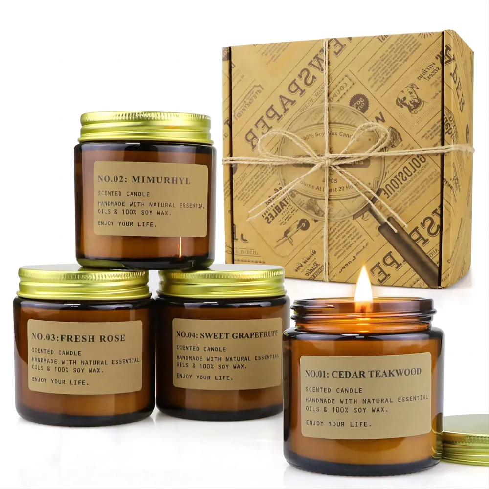 YFYTRE 4 Pack Scented Candle Set Soy Wax Candles, Aromatherapy Candles for Home Decoration, Jar Candles Gift for Women Mother with Amber Glass Jars and Kraft Wrapping YFYTRE 4 Pack Scented Candle Set Soy Wax Candles, Aromatherapy Candles for Home Decoration, Jar Candles Gift for Women Mother with Amber Glass Jars and Kraft Wrapping