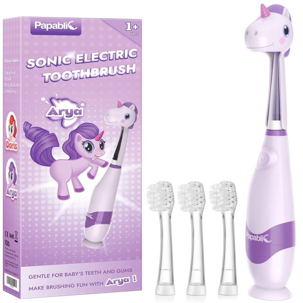 Papablic Toddler Sonic Electric Toothbrush Kids for Ages 1-3 Years, Baby Electric Toothbrush with Cute Unicorn Cover and Smart LED Timer, 4 Brush Heads (Arya) Papablic Toddler Sonic Electric Toothbrush Kids for Ages 1-3 Years, Baby Electric Toothbrush with Cute Unicorn Cover and Smart LED Timer, 4 Brush Heads (Arya)