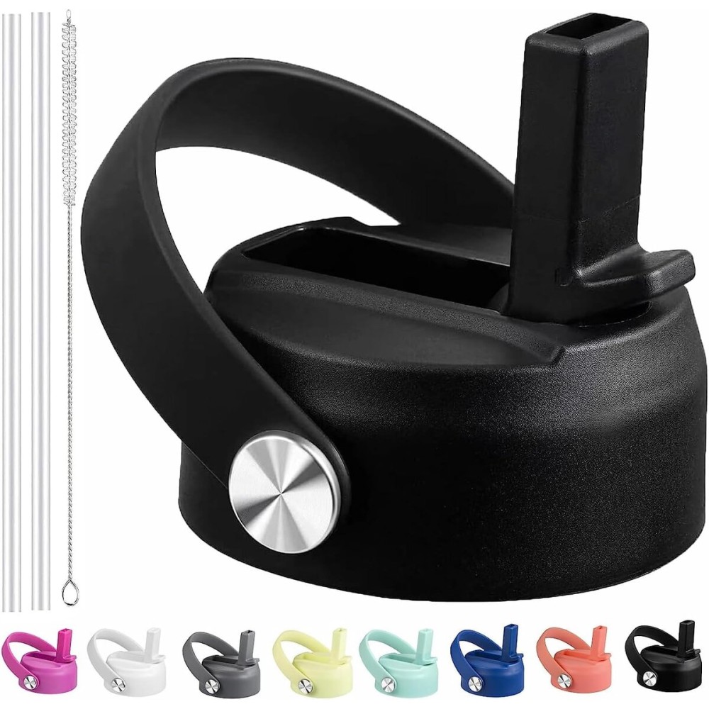 Straw Lid for Hydro Flask Wide Mouth Water Bottles, Top Lids with Straw Compatible with Hydro Flask 32 41 oz, Replacement Cap Wide Mouth Accessories Flip Lid Flex Handle, Black