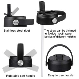 Straw Lid for Hydro Flask Wide Mouth Water Bottles, Top Lids with Straw Compatible with Hydro Flask 32 41 oz, Replacement Cap Wide Mouth Accessories Flip Lid Flex Handle, Black