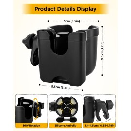 Universal Stroller Cup Holder with Mobile Phone Case, 2-in-1 Strollers Storage Rack, 360 Degrees Rotation Drink Holder for Bike, Pushchair, Wheelchair, Walker,Bicycle, Fits Most Cups