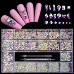 Yzzseven 12 Types of 600 Crystal AB Diamonds + 2500 Flat Rhinestones Mix 20 Styles Flatback DIY Crafts Rhinestone Crystals 3D Ornaments Flat Back Stones Set + Tweezers + Drill Pen