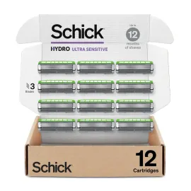 Schick Hydro Ultra Sensitive Razor Refills, 12ct | 3 Blade Razor Heads for Men, Shaving Blades, 12 Refills