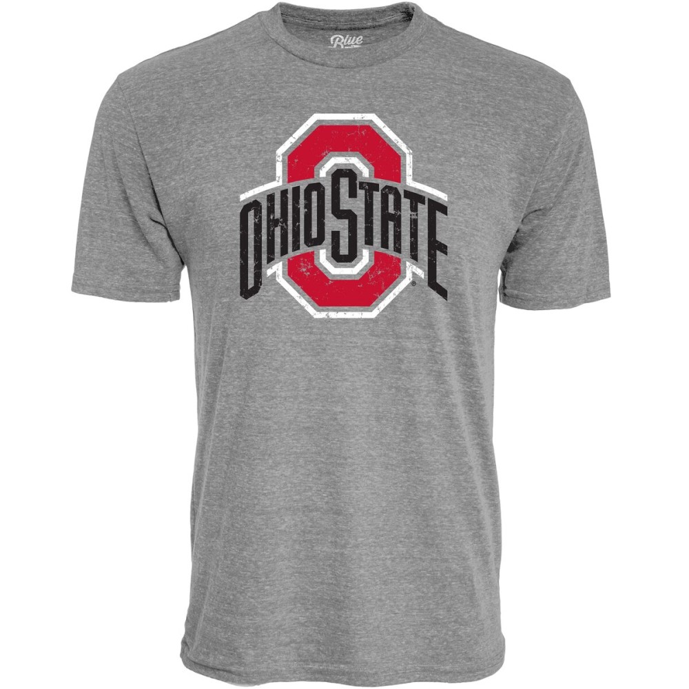 Blue 84 Men\'s Ohio State Buckeyes Tri-Blend T-Shirt Vintage Icon Heather Grey, Grey, Large Blue 84 Men\'s Ohio State Buckeyes Tri-Blend T-Shirt Vintage Icon Heather Grey, Grey, Large