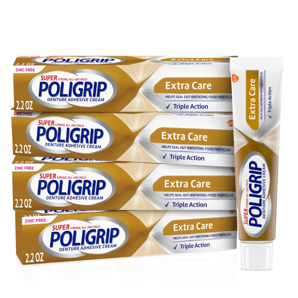 Super Poligrip Extra Care Denture Adhesive Cream, Zinc Free Denture Cream - 2.2 Ounce (Pack of 4)