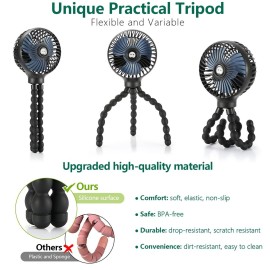 snawowo Mini Handheld Personal Portable Fan, Baby Stroller Fan, Car Seat Fan, USB or Battery Powered, with Flexible Tripod Clip on Student Bed Desk Bike Crib Treadmill Camping Traveling(Black)