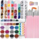 FANDAMEI Nail Art Kit - Design Tools with Brushes, Dotting Tools, Glitter, Sequins, Foil Flakes, Rhinestones, Dust Brush