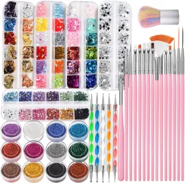 FANDAMEI Nail Art Kit - Design Tools with Brushes, Dotting Tools, Glitter, Sequins, Foil Flakes, Rhinestones, Dust Brush