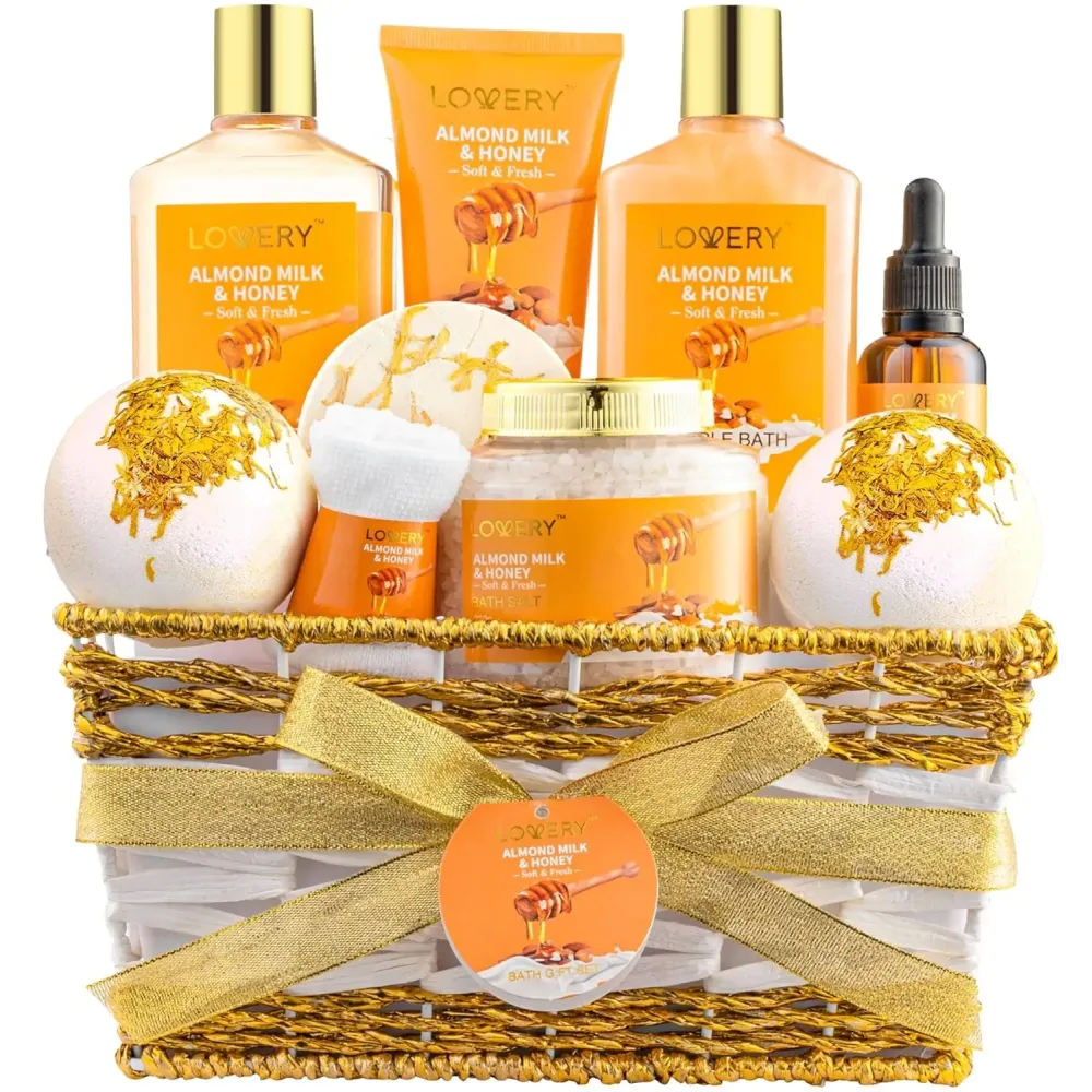Gift Basket for Women - 10 Pc Almond Milk & Honey Beauty & Personal Care Set - Home Bath Pampering Package for Relaxing - Spa Self Care Kit - Thank You, Birthday, Mom, Anniversary Gift Gift Basket for Women - 10 Pc Almond Milk & Honey Beauty & Personal Care Set - Home Bath Pampering Package for Relaxing - Spa Self Care Kit - Thank You, Birthday, Mom, Anniversary Gift