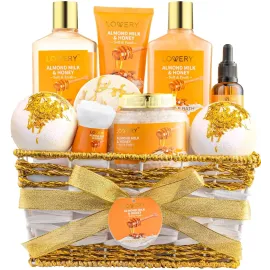 Gift Basket for Women - 10 Pc Almond Milk & Honey Beauty & Personal Care Set - Home Bath Pampering Package for Relaxing - Spa Self Care Kit - Thank You, Birthday, Mom, Anniversary Gift