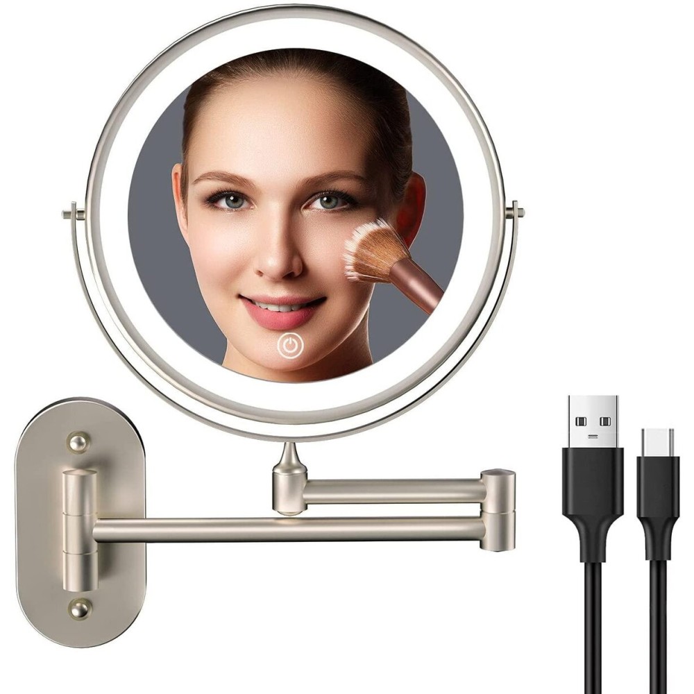 Rechargeable Wall Mounted Lighted Makeup Vanity Mirror 8 Inch Double Sided 1X 10X Magnifying Bathroom Mirror, 3 Color Lighting, Touch Screen Dimming, Extended Arm 360 Rotation Shaving Light up Mirror