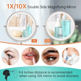 Rechargeable Wall Mounted Lighted Makeup Vanity Mirror 8 Inch Double Sided 1X 10X Magnifying Bathroom Mirror, 3 Color Lighting, Touch Screen Dimming, Extended Arm 360 Rotation Shaving Light up Mirror