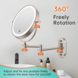 Rechargeable Wall Mounted Lighted Makeup Vanity Mirror 8 Inch Double Sided 1X 10X Magnifying Bathroom Mirror, 3 Color Lighting, Touch Screen Dimming, Extended Arm 360 Rotation Shaving Light up Mirror