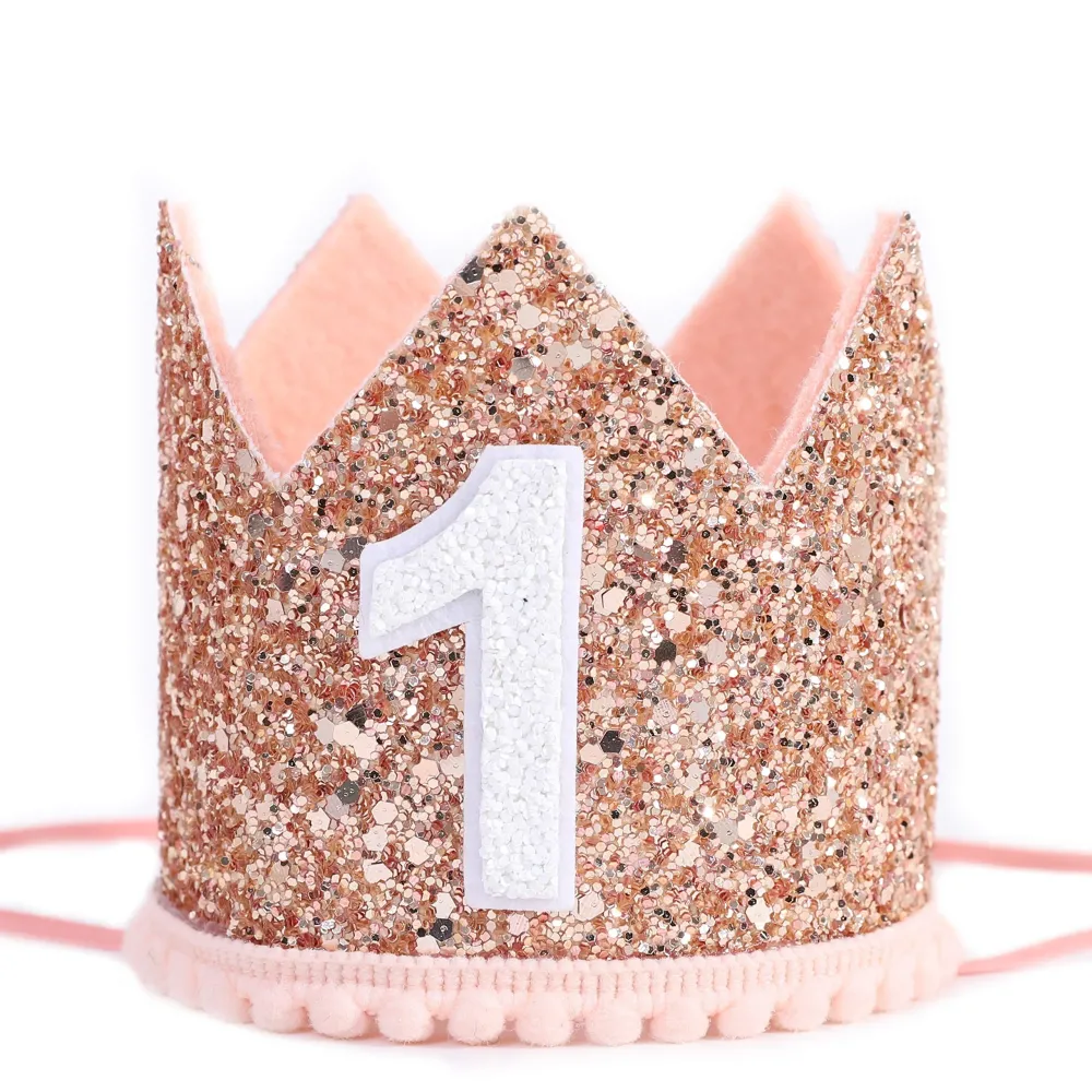 Glitter Birthday Crown - Photo Booth Props, Party Hat for Baby\'s 1st Birthday (Pink and Gold)