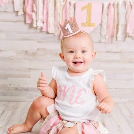 Glitter Birthday Crown - Photo Booth Props, Party Hat for Baby\'s 1st Birthday (Pink and Gold)
