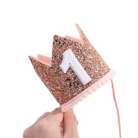 Glitter Birthday Crown - Photo Booth Props, Party Hat for Baby\'s 1st Birthday (Pink and Gold)