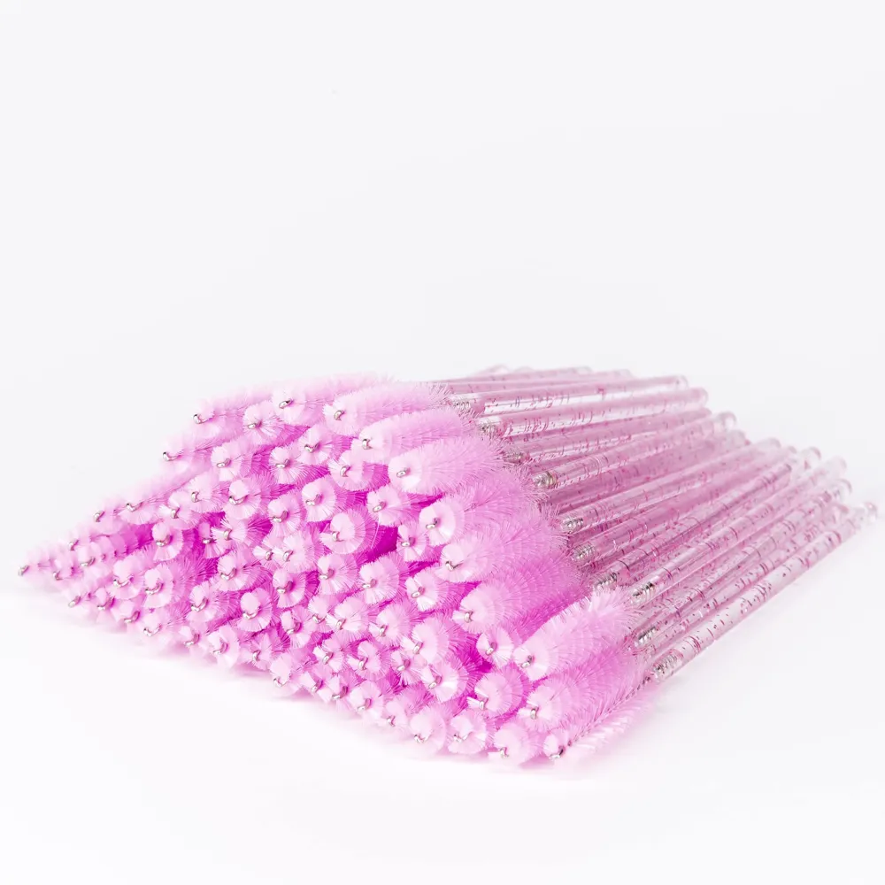 i-Laesh 100 Pcs Disposable Eyelash Brushes, Mascara Wands, Spoolies for Eyelash Extensions, Spoolie Eyebrow Brow Makeup Supplies Kit Glitter Applicator Tool Accessories Bristle (Crystal Pink)