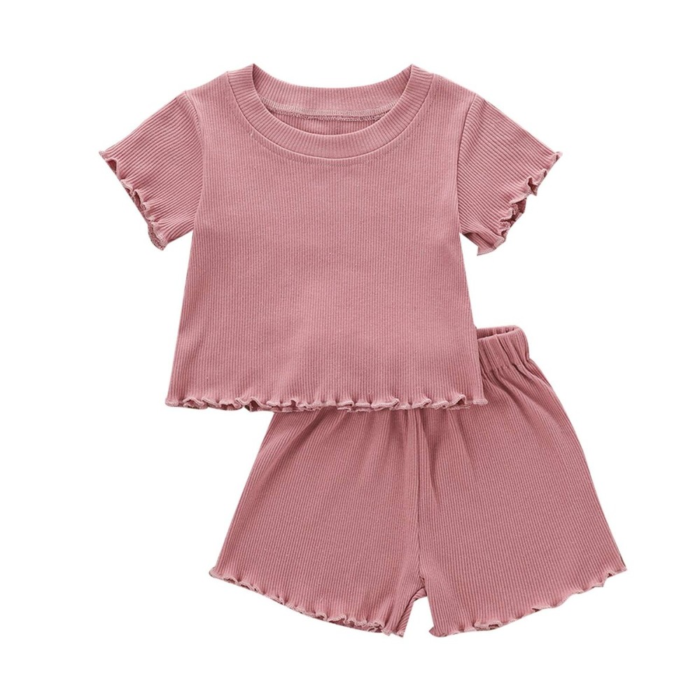 Kupretty 2Pcs Toddlers Baby Girls Summer Clothes Set Ruffle Ribbed Short Sleeves T-Shirt Tops Shorts Comfy Outfits (Pink, 12-18 Months)