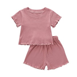 Kupretty 2Pcs Toddlers Baby Girls Summer Clothes Set Ruffle Ribbed Short Sleeves T-Shirt Tops Shorts Comfy Outfits (Pink, 12-18 Months)