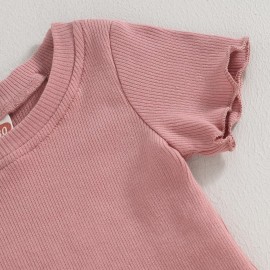 Kupretty 2Pcs Toddlers Baby Girls Summer Clothes Set Ruffle Ribbed Short Sleeves T-Shirt Tops Shorts Comfy Outfits (Pink, 12-18 Months)