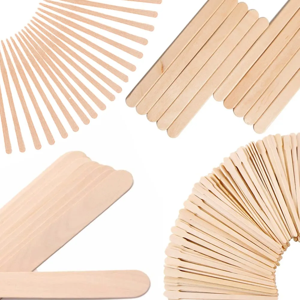 Mibly 4 Style 300 Pcs Assorted Wooden Wax Sticks for Body Legs Face and Small Medium Large Sizes Eyebrow Waxing Applicator Spatulas for Hair Removal or Wood Craft Sticks