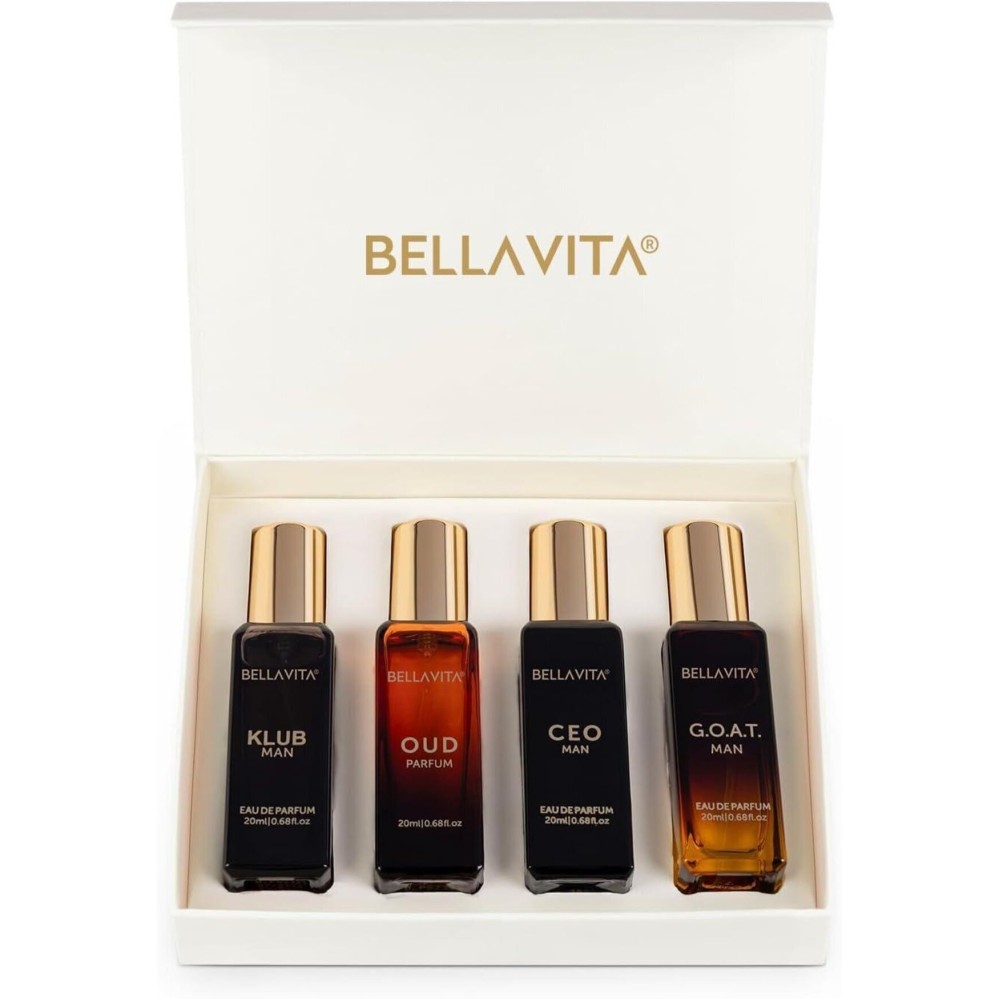 BellaVita Luxury Perfume for Men Gift Set (4 x 20ml) | Gifts for Men | Fragrance Includes KLUB, OUD, CEO, GOAT Perfumes | Masculine, Woody, Citrusy, and Aromatic perfumes Fragrance for men BellaVita Luxury Perfume for Men Gift Set (4 x 20ml) | Gifts for Men | Fragrance Includes KLUB, OUD, CEO, GOAT Perfumes | Masculine, Woody, Citrusy, and Aromatic perfumes Fragrance for men