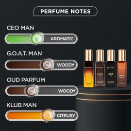BellaVita Luxury Perfume for Men Gift Set (4 x 20ml) | Gifts for Men | Fragrance Includes KLUB, OUD, CEO, GOAT Perfumes | Masculine, Woody, Citrusy, and Aromatic perfumes Fragrance for men BellaVita Luxury Perfume for Men Gift Set (4 x 20ml) | Gifts for Men | Fragrance Includes KLUB, OUD, CEO, GOAT Perfumes | Masculine, Woody, Citrusy, and Aromatic perfumes Fragrance for men