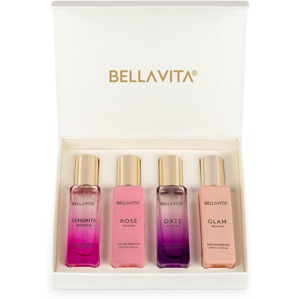 BellaVita Luxury Perfumes for Women Set (4x20ml) | Woman Perfume with DATE, SENORITA, GLAM & ROSE | Vanilla Perfume with Floral Sweet & Musk | Arabian Perfume for Women | Cologne & Perfume Gift Set