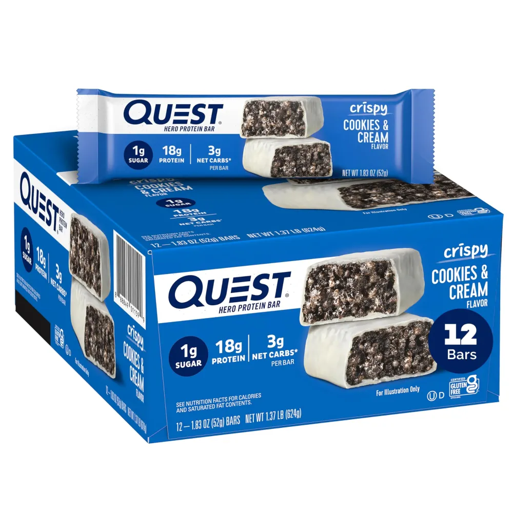 Quest Nutrition Crispy Cookies & Cream Hero Protein Bar, 18g Protein, 1g Sugar, 3g Net Carb, Gluten Free Protein Snack, Keto Friendly, 12 Count Quest Nutrition Crispy Cookies & Cream Hero Protein Bar, 18g Protein, 1g Sugar, 3g Net Carb, Gluten Free Protein Snack, Keto Friendly, 12 Count
